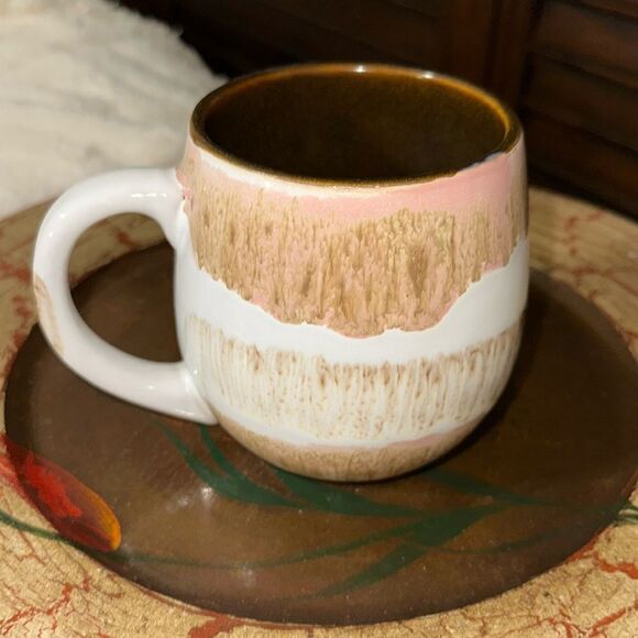 Chubby White Hand painted Mug with a handle Brown White Tan Pink Ivory - Picture 2 of 6